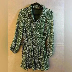 Zara Green Floral Chiffon Belted Long Sleeve Button Full Shirt Dreas size Large